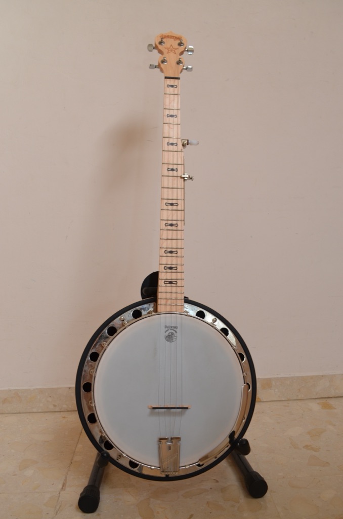 Een 5-snarige banjo met strak gespannen vel, rechtop op een standaard